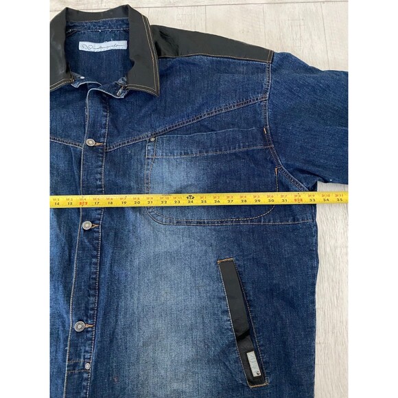 Vtg PELLE PELLE Denim Shirt Jacket Men's 4XL Dark Wash Fade Button Leather Trim - Picture 7 of 13
